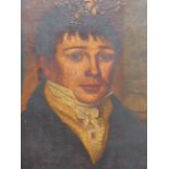 EARLY 19th.C. ENGLISH NAIVE SCHOOL. PORTRAIT OF A YOUNG MAN, OIL ON CANVAS. 59 x 46cms, MAPLE FRAME