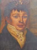 EARLY 19th.C. ENGLISH NAIVE SCHOOL. PORTRAIT OF A YOUNG MAN, OIL ON CANVAS. 59 x 46cms, MAPLE FRAME