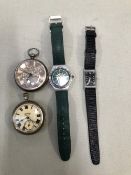 AN ANTIQUE SILVER POCKET WATCH, A SERVICES POCKET WATCH , A HUBER WRISTWATCH AND A LATER SWATCH