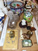 A VINTAGE GLASS TOP JEWELLERY CASKET, A VINTAGE BOMB TIMER, ORIENTAL JARS ETC.