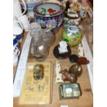 A VINTAGE GLASS TOP JEWELLERY CASKET, A VINTAGE BOMB TIMER, ORIENTAL JARS ETC.