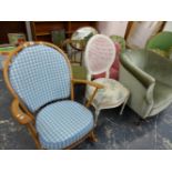 TWO BUTTON BACKED NURSING CHAIRS, TWO SIDE CHAIRS, A TUB ARMCHAIR AND A ROCKING CHAIR