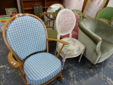 TWO BUTTON BACKED NURSING CHAIRS, TWO SIDE CHAIRS, A TUB ARMCHAIR AND A ROCKING CHAIR
