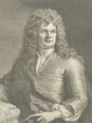 AFTER G KNELLER. AN ANTIQUE MEZZOTINT PORTRAIT PRINT OF GRINLING GIBBONS. 35 x 27cms. TOGETHER