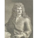 AFTER G KNELLER. AN ANTIQUE MEZZOTINT PORTRAIT PRINT OF GRINLING GIBBONS. 35 x 27cms. TOGETHER