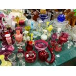 A GOOD COLLECTION OF ANTIQUE CRANBERRY AND OTHER DECORATIVE GLASS WARES ETC.