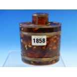 A  19th C. TORTOISESHELL MOUNTED WHITE METAL TEA CADDY AND COVER OF OVAL SECTION WITH A