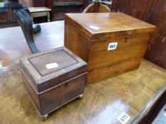 A MAHOGANY SEWING BOX AND A SMALL TEA CADDY.