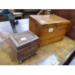 A MAHOGANY SEWING BOX AND A SMALL TEA CADDY.