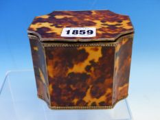 A 19th C. TORTOISESHELL MOUNTED WHITE METAL TEA CADDY OF RECTANGULAR SECTION WITH INCURVED CORNERS.