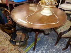 A 19th C. MAHOGANY TRIPOD TABLE, THE CIRULAR TOP WITH PIE CRUST EDGE AND ON BALUSTER COLUMN AND LEGS