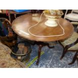 A 19th C. MAHOGANY TRIPOD TABLE, THE CIRULAR TOP WITH PIE CRUST EDGE AND ON BALUSTER COLUMN AND LEGS