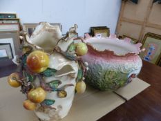 A LARGE EDWARDIAN JARDINIERE AND A LARGE FRUIT DECORATED VASE.