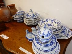 A QUANTITY OF BLUE AND WHITE MINTONS DINNER WARES, AND TWO POTTERY JUGS.