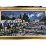 JEREMY KING (20th.C.) ARR. HENLEY REGATTA, SIGNED, OIL ON CANVAS LAID DOWN. 59 x 107cms