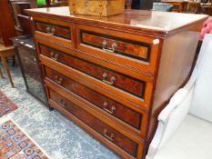 A 19th C. WALNUT CHEST BY GILLOWS, THE TWO SHORT AND THREE GRADED LONG DRAWERS WITH EBONY FRAMED YE