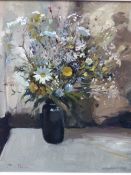 ROY PETLEY (1951- ) ARR. FLORAL STILL LIFE, SIGNED, OIL ON BOARD. 70 x 58cms