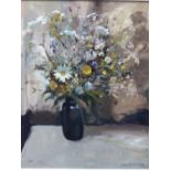 ROY PETLEY (1951- ) ARR. FLORAL STILL LIFE, SIGNED, OIL ON BOARD. 70 x 58cms