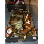 A BOX OF VARIOUS BRASS WARES.