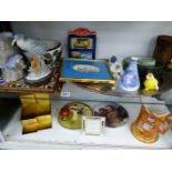 VARIOUS ANTIQUE AND LATER CHINA, ORNAMENTS, PLATEDWARES, TILES , AN ORIENTAL PAINTING ETC.