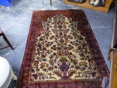 AN ANTIQUE PERSIAN KASHAN SILK PRAYER RUG 200 x 134cms