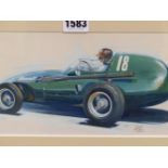 RODNEY DIGGENS (B 1937), ARR. TONY BROOKS DRIVING A 1957 VANWALL, WATERCOLOUR, MONOGRAM IN PENCIL.