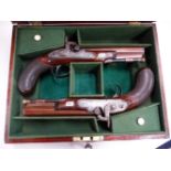A MAHOGANY CASED PAIR OF SYKES & Co., OXFORD PERCUSSION CAP PISTOLS WITH RAMRODS UNDER THE BROWNED