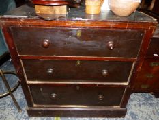 A 19th C. STAINED WOOD CHEST OF THREE LONG DRAWERS ON PLINTH FOOT. W 87 x D 60 x H 90cms.