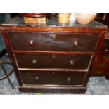 A 19th C. STAINED WOOD CHEST OF THREE LONG DRAWERS ON PLINTH FOOT. W 87 x D 60 x H 90cms.