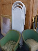 TWO SIMILAR GREEN PAINTED LOOM ARMCHAIRS TOGETHER WITH A WICKER WHITE PAINTED THREE FOLD SCREEN