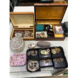 THREE BOXES OF MISC. SILVER AND COSTUME JEWELLERY, INCLUDING BROOCHES, EARRINGS, NECKLACES ETC.