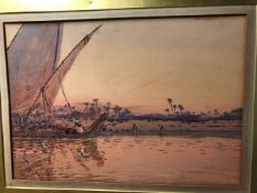 AUGUSTUS O. LAMPLOUGH (1877-1930) SUNSET ON THE NILE, SIGNED, WATERCOLOUR. 36 x 51cms