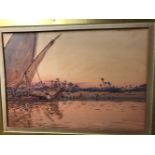 AUGUSTUS O. LAMPLOUGH (1877-1930) SUNSET ON THE NILE, SIGNED, WATERCOLOUR. 36 x 51cms