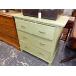 A 20th C. GREEN PAINTED CHEST OF THREE LONG DRAWERS ON BRACKET FEET. W 84 x D 49 x H 83cms.