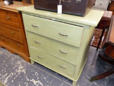 A 20th C. GREEN PAINTED CHEST OF THREE LONG DRAWERS ON BRACKET FEET. W 84 x D 49 x H 83cms.