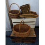 FOUR VARIOUS BASKETS, A CREAM PAINTED CRATE AND AN IRON BOUND BOX