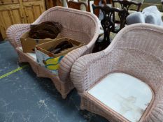 A PINK BASKET WEAVE TWO SEAT SETTEE TOGETHER WITH AN ARMCHAIR EN SUITE