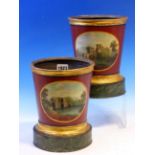 A PAIR OF 19th C. TOLE PLANTERS, THE BROWN CYLINDRICAL SIDES PAINTED WITH OVALS OF ANCIENT BRIDGES