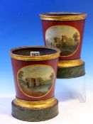 A PAIR OF 19th C. TOLE PLANTERS, THE BROWN CYLINDRICAL SIDES PAINTED WITH OVALS OF ANCIENT BRIDGES