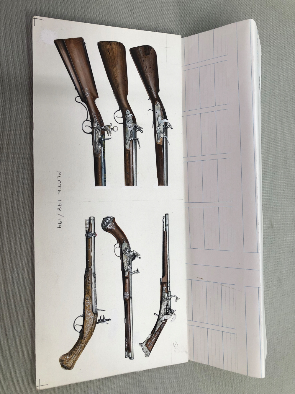 A FINE ORIGINAL WATERCOLOUR ILLUSTRATION FOR AN ARMS AND ARMOUR PUBLICATION DEPICTING FLINTLOCKS.