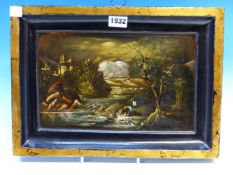 A MID 19th.C. TOLE PICTURE, THE GILT FRAME ENCLOSING A VIEW OF TWO LADIES DOING THEIR WASHING BY