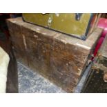 AN IRON AND CLOTH BOUND WOODEN BOX OR TRUNK. W 106 x D 61 x H 66cms. CONTAINING A SMALLER IRON