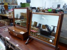 A 19th C. RECTANGULAR DRESSING TABLE MIRROR ON A BOW FRONT BOX WITH TWO EBONY LINE EDGED DRAWERS