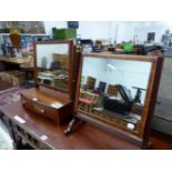 A 19th C. RECTANGULAR DRESSING TABLE MIRROR ON A BOW FRONT BOX WITH TWO EBONY LINE EDGED DRAWERS