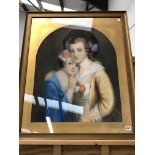 19th. C. SCHOOL. TWO SISTERS, PASTEL IN SHAPED MOUNT. 72 x 57cms