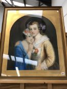 19th. C. SCHOOL. TWO SISTERS, PASTEL IN SHAPED MOUNT. 72 x 57cms