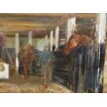 20th.C. SCHOOL. IN THE STABLE, INDISTINCTLY INITIALLED, OIL ON BOARD. 51 x 61cms