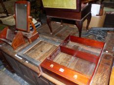 A VICTORIAN MAHOGANY DRESSING TABLE MIRROR, A BOOK TROUGH, A PICTURE FRAME AND A MAHOGANY WALL