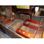 A VICTORIAN MAHOGANY DRESSING TABLE MIRROR, A BOOK TROUGH, A PICTURE FRAME AND A MAHOGANY WALL