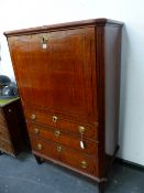 A 19th C. EBONY LINE INLAID FRUIT WOOD SECRETAIRE A ABATTANT, THE FALL ABOVE THREE GRADED DRAWERS